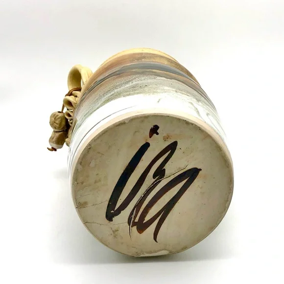 Large Pottery Crock Vase Hand Made Beads On Leather Dangle Applied Floral Relief - Picture 12 of 15